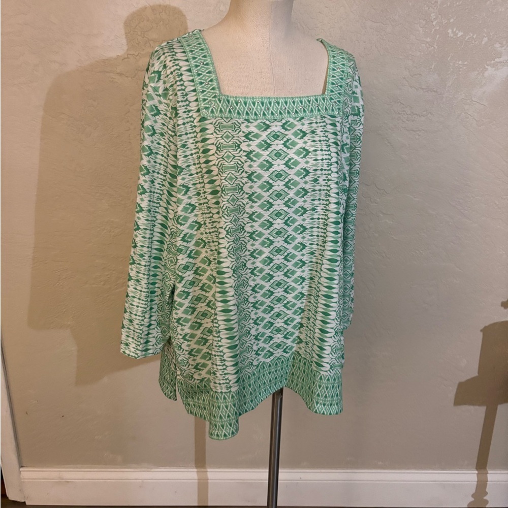 Woman’s Alfred Dunner Green Patterned Square-Neck Women's Top sz XL - Picture 3 of 7
